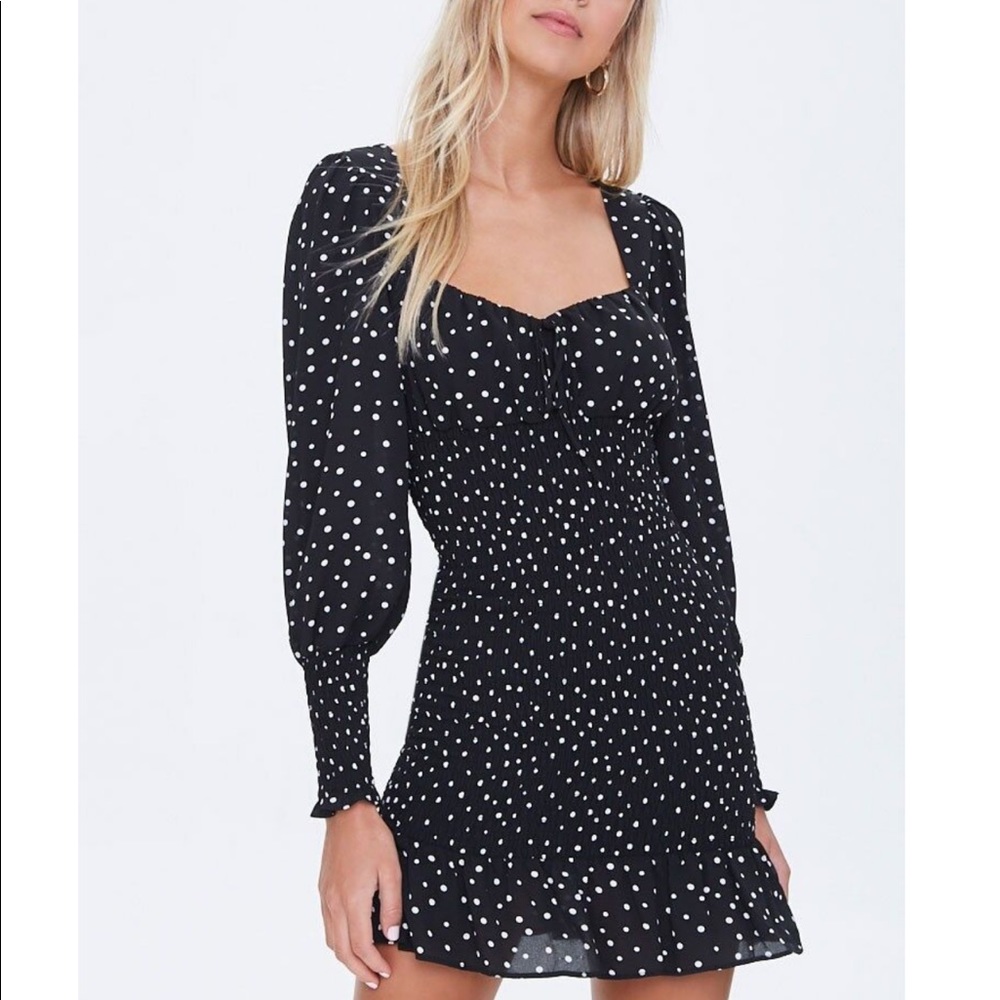 Polka Dot Smocked Self-tie Dress